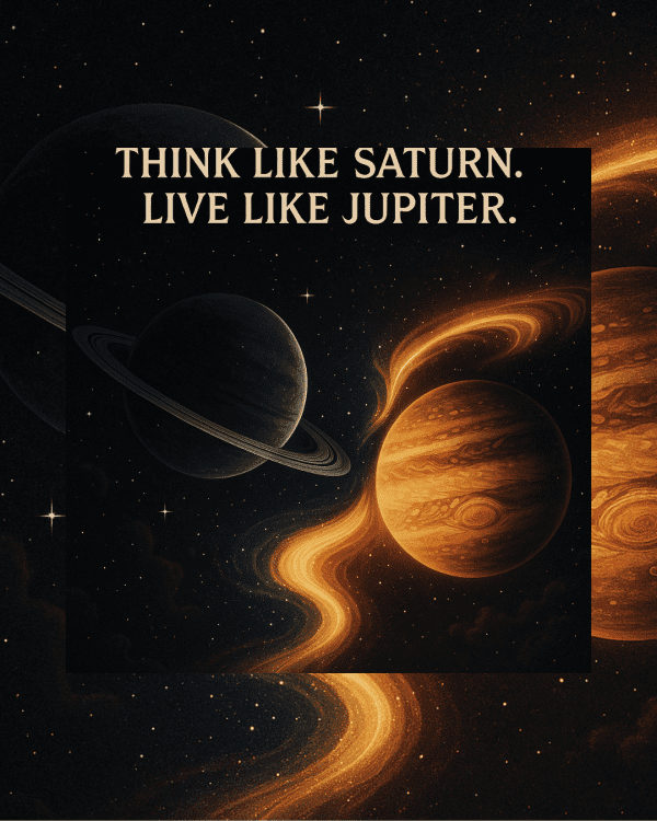 The planet Saturn and Jupiter on a dark galaxy background with the site tagline on top