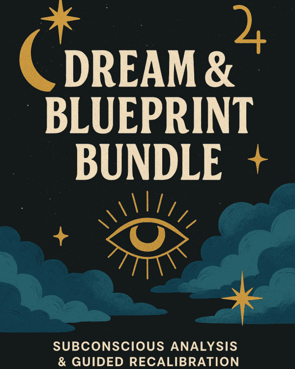 Dream and Blueprint Bundle on a black background with blue clouds and astrological and esoteric symbols