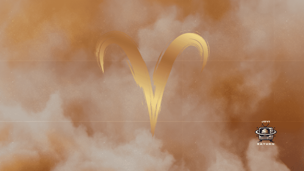 Gold Aries glyph on a gold cloud background