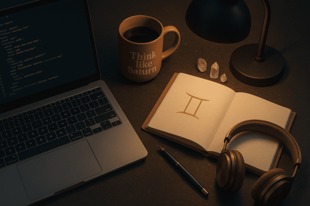 Overhead shot of a softly lit desk: laptop open to glowing CSS and HTML, caramel-toned coffee mug that reads ‘Think like Saturn,’ notebook edged in dusty-rose with a gold Gemini glyph sketched on the page, sleek bronze headphones, a matte-black lamp casting a warm halo, and tiny polished quartz points catching cosmic specks of light.