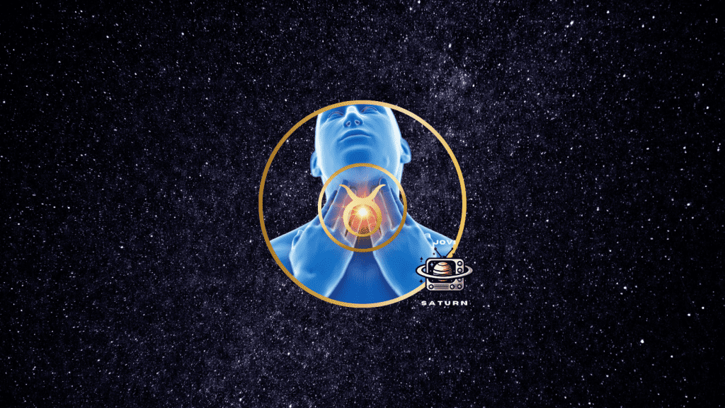 blue man holding throat with the taurus glyph over the throat are