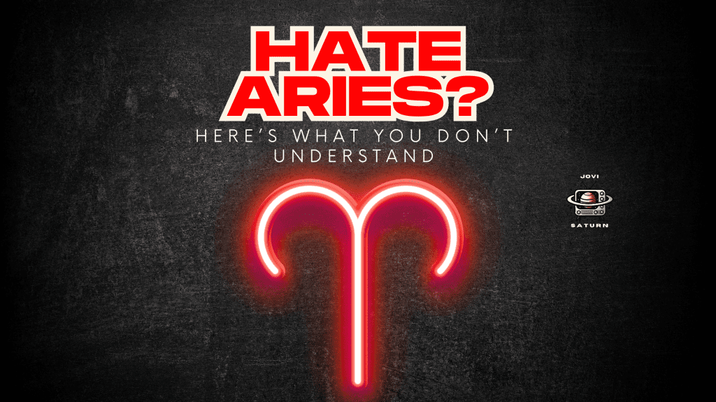 Aries glyph red neon on a black background with blog title above